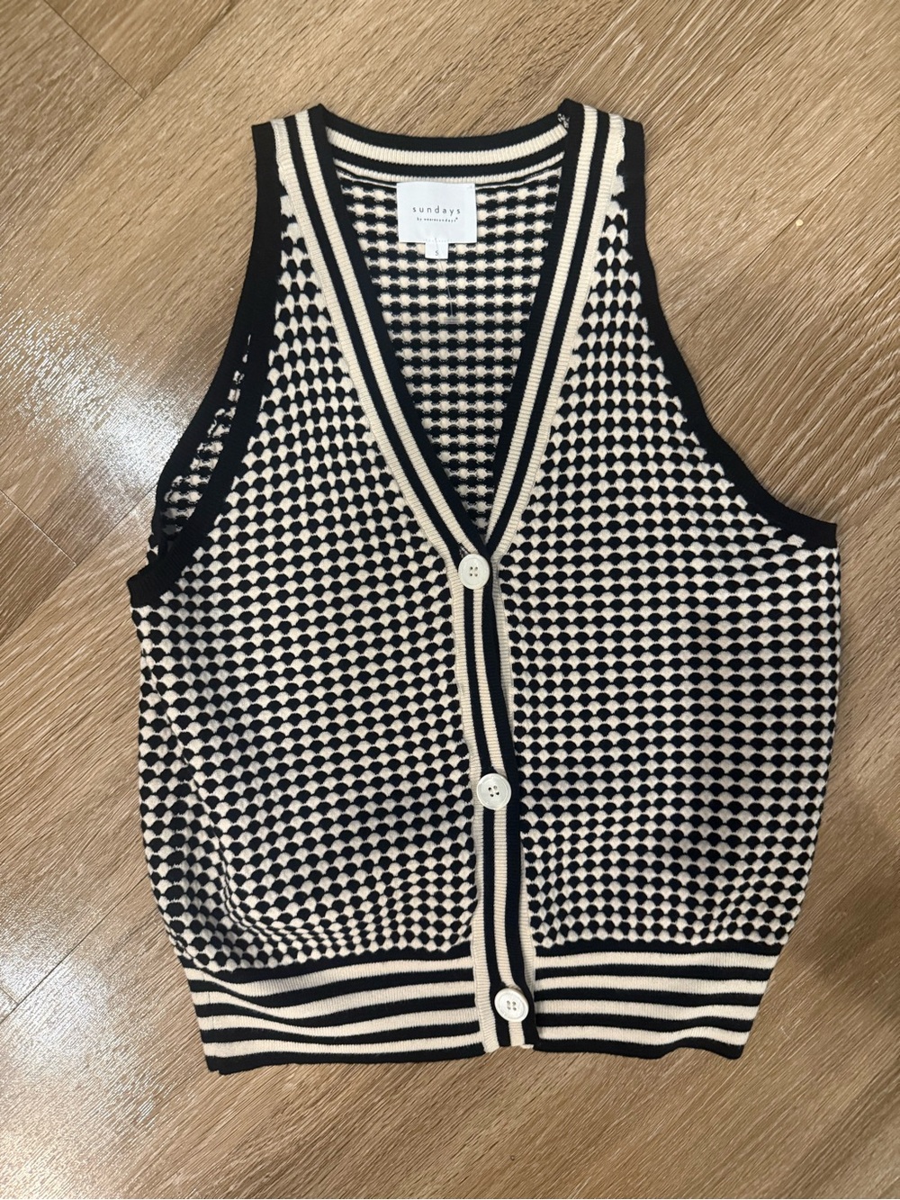 sundays Black and Cream Patterned Knit V-Neck Vest